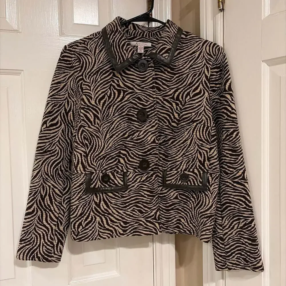 JM Collection Women's Brown Zebra Print Jacket with Faux Leather Trim Size M